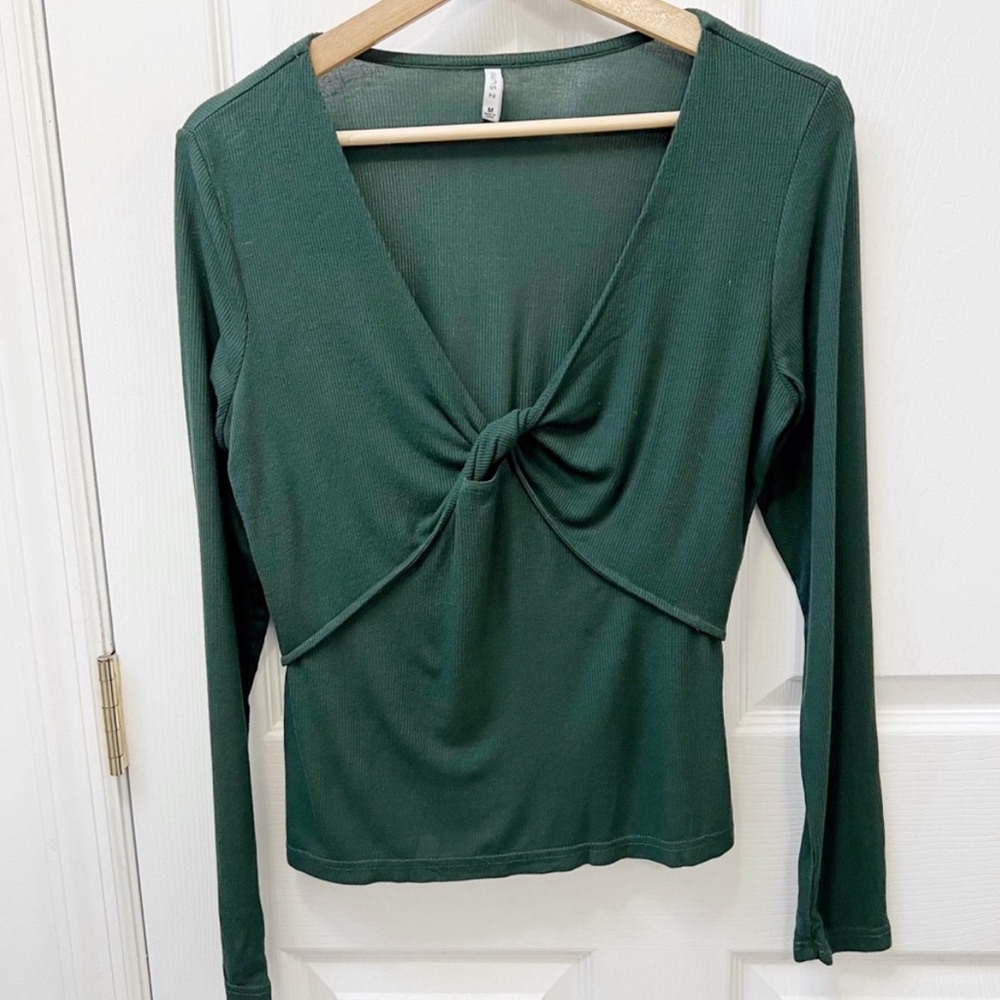 Z Supply Ribbed Long Sleeve Twist Front V-neck Top in Green